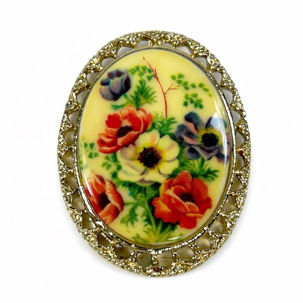 Vintage Floral Porcelain Cabochon Brooch Gold‎ Tone Filigree Frame Pin